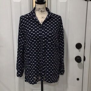 🆕DIVIDED by H & M Bow Print Button Down Shirtt Long Sleeves Navy Sz 8 Pit 20”